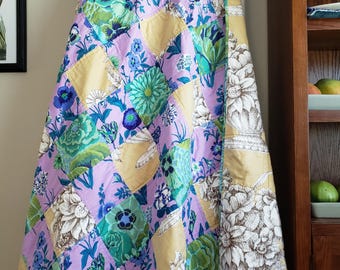 Handmade Floral Buffalo Plaid Patchwork Throw Quilt:  Lilac, Beige, Blue & Green Kaffe Fassett Fabric