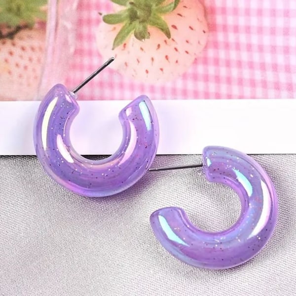 Purple earrings, hoops, earrings, beautiful acetate earrings, purple sparkly earrings, resin earrings, statement jewelry