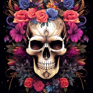 Boho Skull Art Print, Sugar Skull Instant Download Printable Home Decor, Floral Skull Digital Poster Wall Art Gift, Downloadable Gothic Art