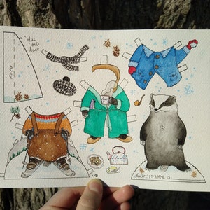Winter Badger Paper Doll Card for winter christmas card badger paper doll winter activity for children birthday card any occasion
