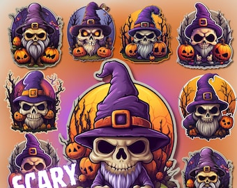 May include: A set of ten Halloween-themed stickers featuring cartoon gnomes with skulls and beards, wearing purple and black pointed hats. The gnomes are holding pumpkins and surrounded by autumn leaves. The stickers are labeled "Scary Gnomes" and "PNG".