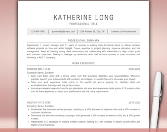 May include: A resume template with the text "ATS FRIENDLY" highlighted in bold. The resume is for a candidate named Katherine Long, who is an experienced IT project manager. The resume includes a professional summary, work experience, and skills sections.