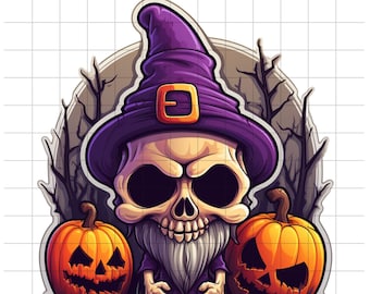 May include: A cartoon skull wearing a purple witch hat and a white beard, standing between two orange jack-o'-lantern pumpkins with black eyes and mouths.