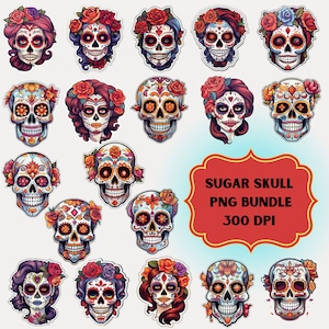 Sugar Skull PNG Bundle, Dia de los Muertos Clipart, Tag der Toten Clipart, mexikanisches Halloween, Sugar Skulls PNG, Florales Schädeldesign, Skull