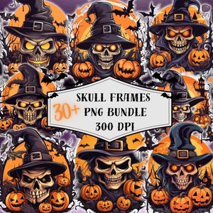 Könnte beinhalten: Ein Set mit über 30 Halloween-Schädelrahmen mit Hexenhüten und Kürbissen. Die Rahmen sind im PNG-Format und haben eine Auflösung von 300 DPI.