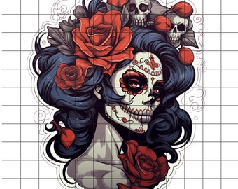 May include: A colourful illustration of a woman with a sugar skull face, blue hair, and red roses. The woman is wearing traditional Mexican Day of the Dead makeup.