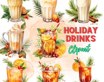 Christmas Drink Clipart Bundle, Watercolor Holiday Drinks, Hot Cocoa, Hot Chocolate, Cocktails, Wine, Martini, Cocktail Pack, Festive Drinks