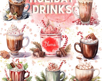 Christmas Drink Clipart Bundle, Watercolor Holiday Drinks, Hot Cocoa, Hot Chocolate, Cocktails, Wine, Martini, Cocktail Pack, Festive Drinks