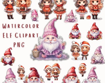 Watercolor Christmas Clipart Santa Elf, Christmas Elf Clipart, Pink Christmas Clipart, Pastel Christmas Clipart, Christmas PNG Bundle, Retro