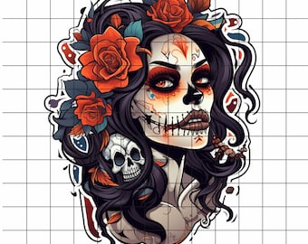 May include: An illustration depicting a woman in Day of the Dead makeup, with orange roses in her dark hair. The image showcases a sugar skull design, a small skull, and decorative details. The background is a grid pattern.
