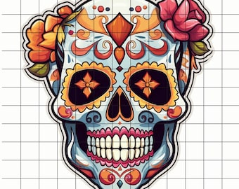 Puede incluir: Una calavera de azúcar azul y blanca con flores naranjas y rojas. La calavera tiene detalles intrincados y una expresión sonriente.