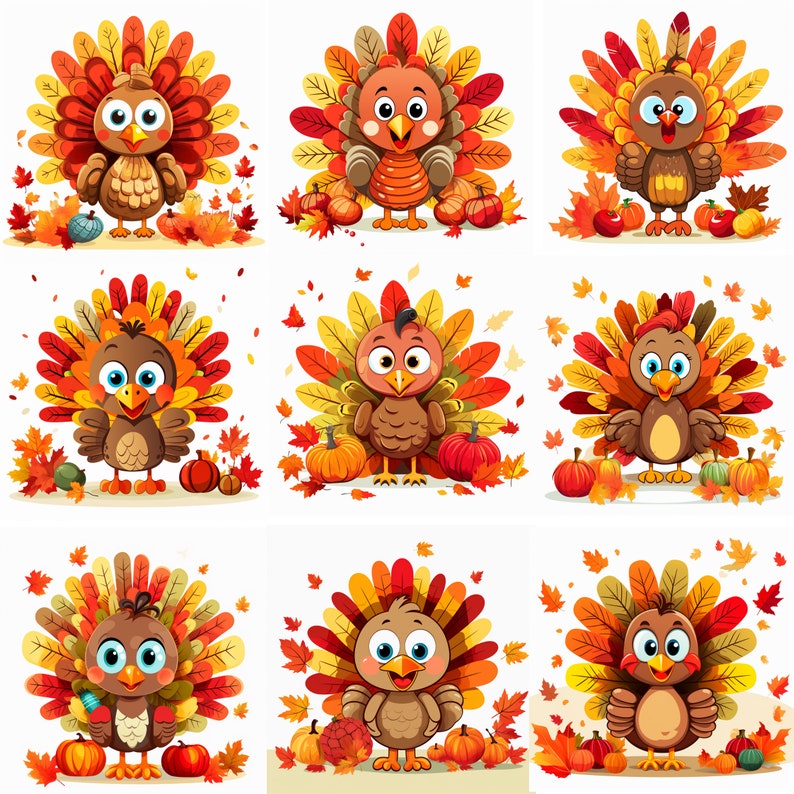 Turkey Clipart, Funny Turkey Face, Thanksgiving Clipart Bundle, Premade