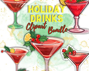 Christmas Drink Clipart Bundle, Watercolor Holiday Drinks, Hot Cocoa, Hot Chocolate, Cocktails, Wine, Martini, Cocktail Pack, Festive Drinks