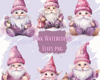Watercolor Christmas Clipart Santa Elf, Christmas Elf Clipart, Pink Christmas Clipart, Pastel Christmas Clipart, Christmas PNG Bundle, Retro