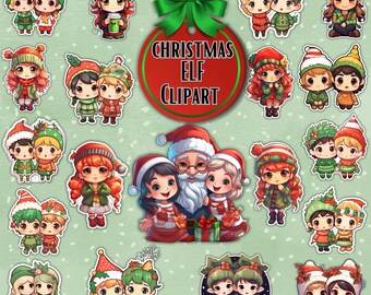Watercolor Christmas Clipart Santa Elf, Christmas Elf Clipart, Pink Christmas Clipart, Pastel Christmas Clipart, Christmas PNG Bundle, Retro
