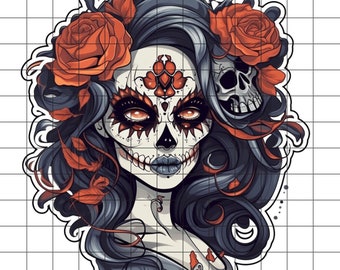 May include: A colourful illustration of a Day of the Dead sugar skull with intricate details. The skull is adorned with flowers and has a dark blue and black background.