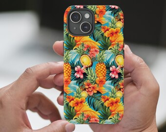 Tough Protective Phone Case with Beautiful Tropical Pattern with Pineapple, Tropical Flowers and Leaves.