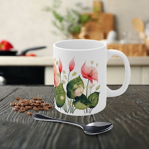 Ceramic Mug 11oz. Beautiful Anthurium flowers. Tropical flowers.