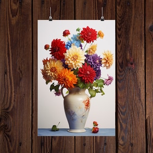 Pósters verticales mate con arreglo de flores de dalia y flox en un jarrón de aspecto vintage. Arte floral de la pared AI.