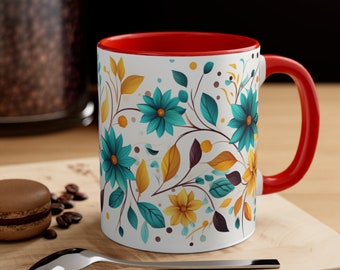 Accent Coffee Mug, 11oz. Sunflower Pattern Teal Magenta and gold Yellow Colors.