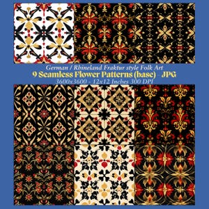 May include: Nine seamless digital paper patterns in a German folk art style. The patterns feature intricate floral designs in red, gold, and black on a white or black background. Each pattern is 3600 x 3600 pixels, 12 x 12 inches, and 300 DPI.