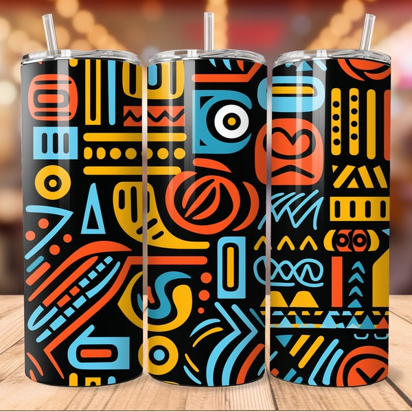 20 oz Skinny Tumbler Sublimation Design. Seamless Ethnic Pattern, Traditional African Textiles With Vibrant Colors, Symbolic Tribal Tone.