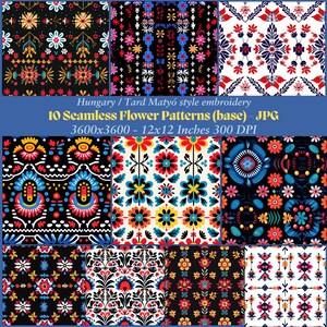 May include: Ten digital seamless patterns featuring colourful floral designs inspired by Hungarian Tard Matyó embroidery. The patterns are 3600 x 3600 pixels, 12 x 12 inches, and 300 DPI.