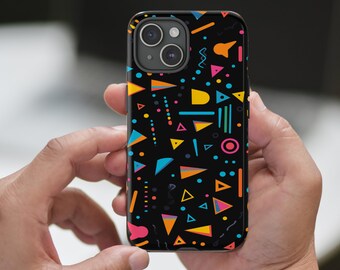 Tough Protective Phone Case with Colorful Geometric Shapes Pattern with Black Background.