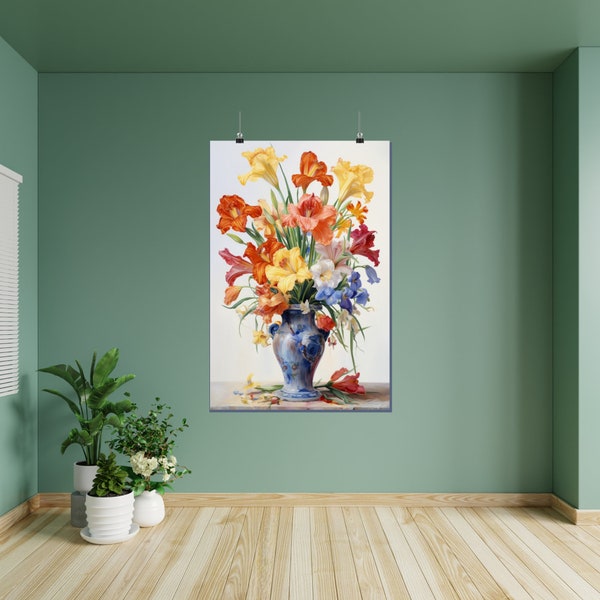 Matte Vertical Posters. Iris and Daylily flowers beautifully arranged in an old blue vintage vase. Wall AI art. Oil Painting Style.
