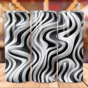 May include: Three stainless steel tumblers with a black and white wavy abstract design.