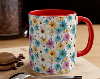 Accent Coffee Mug, 11oz. Sunflower Pattern Teal Magenta and Gold /Yellow Colors.