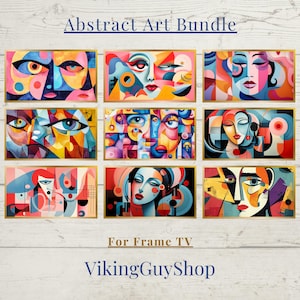 May include: A set of nine abstract art prints featuring colorful geometric shapes and stylized faces. The prints are framed in gold and have a white background. The text "Abstract Art Bundle" is at the top of the image and the text "For Frame TV" and "VikingGuyShop" are at the bottom of the image.