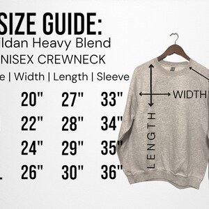 Puede incluir: Tabla de tallas para una sudadera con cuello redondo unisex Gildan Heavy Blend. La tabla muestra el ancho, la longitud y la longitud de la manga en pulgadas para las tallas S, M, L y XL.
