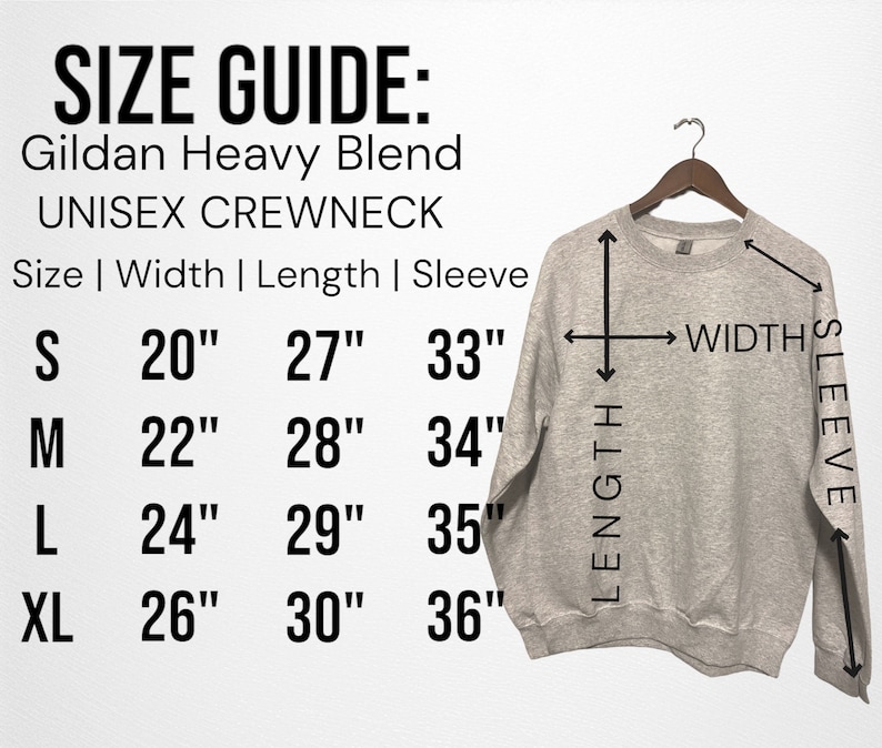 Puede incluir: Tabla de tallas para una sudadera con cuello redondo unisex Gildan Heavy Blend. La tabla muestra el ancho, la longitud y la longitud de la manga en pulgadas para las tallas S, M, L y XL.