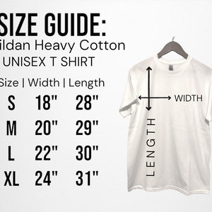 Puede incluir: Tabla de tallas para una camiseta unisex de algod&oacute;n pesado Gildan. La tabla muestra la talla, el ancho en pulgadas y la longitud en pulgadas para las tallas S, M, L y XL.