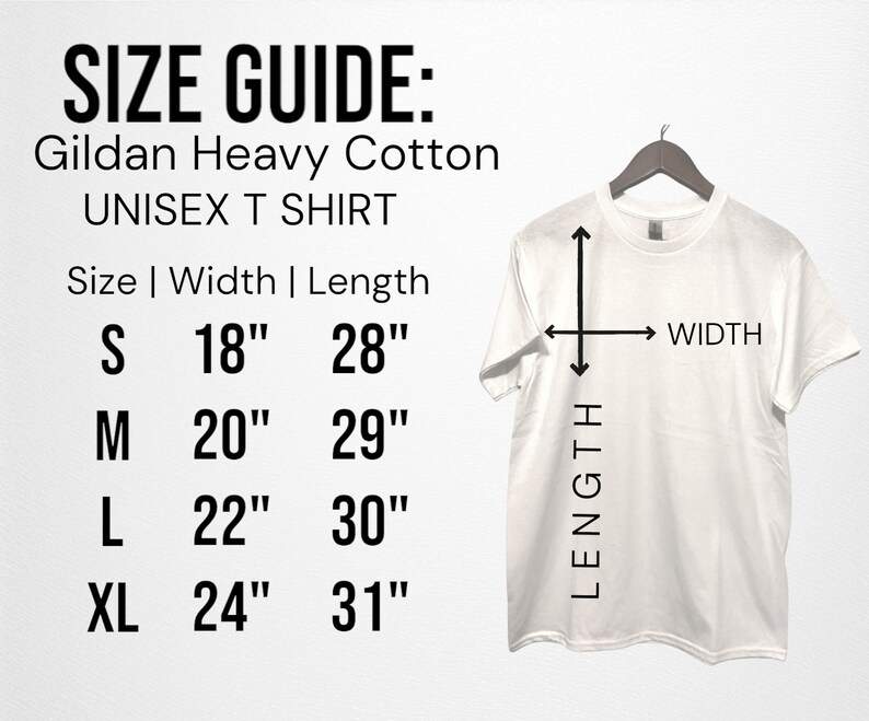 Puede incluir: Tabla de tallas para una camiseta unisex de algod&oacute;n pesado Gildan. La tabla muestra la talla, el ancho en pulgadas y la longitud en pulgadas para las tallas S, M, L y XL.