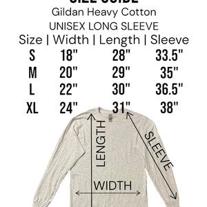 Puede incluir: Tabla de tallas para una camiseta de manga larga unisex de algod&oacute;n pesado Gildan. La tabla muestra el ancho, la longitud y la longitud de la manga en pulgadas para las tallas S, M, L y XL.