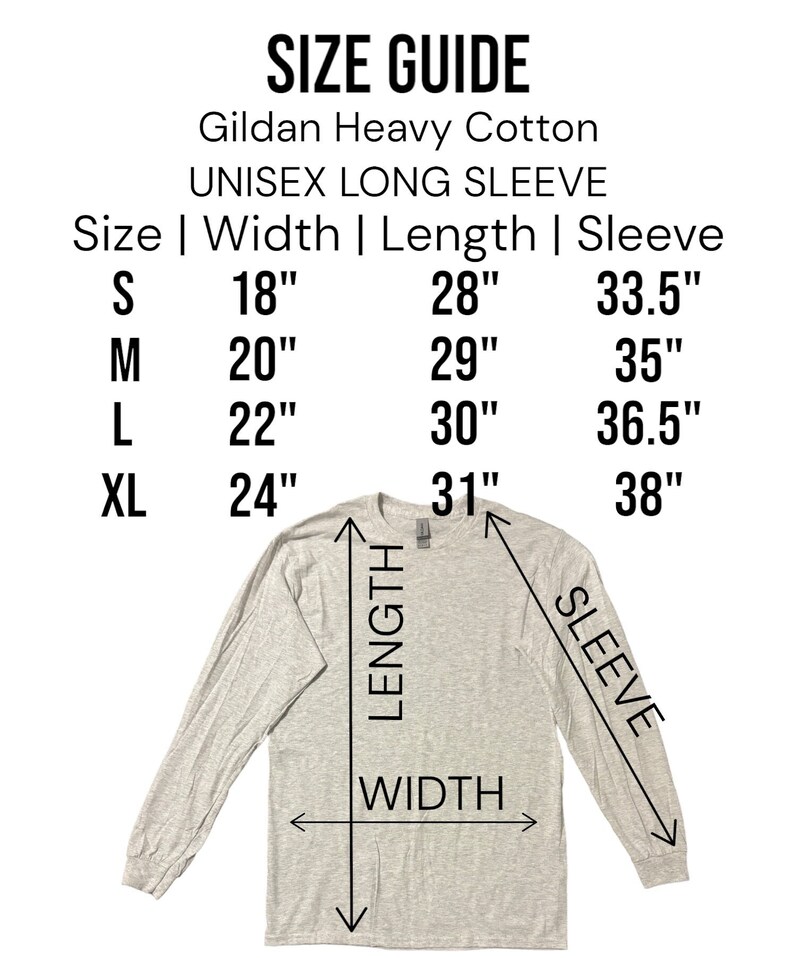 Puede incluir: Tabla de tallas para una camiseta de manga larga unisex de algod&oacute;n pesado Gildan. La tabla muestra el ancho, la longitud y la longitud de la manga en pulgadas para las tallas S, M, L y XL.