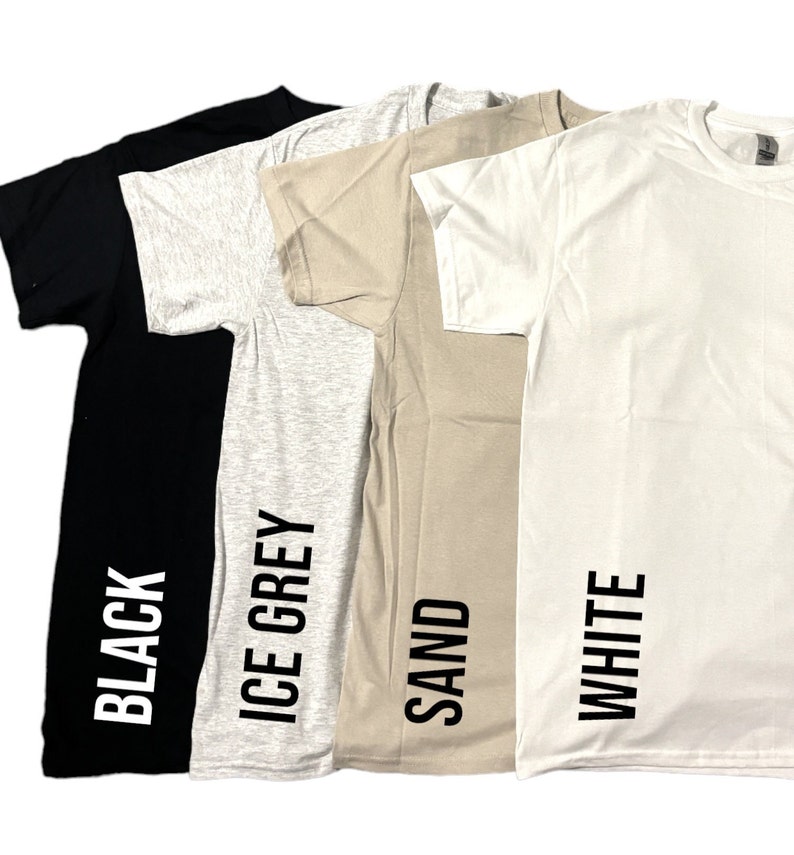 Puede incluir: Cuatro camisetas de diferentes colores: negro, gris hielo, arena y blanco. Cada camiseta tiene el nombre del color impreso en el lateral.