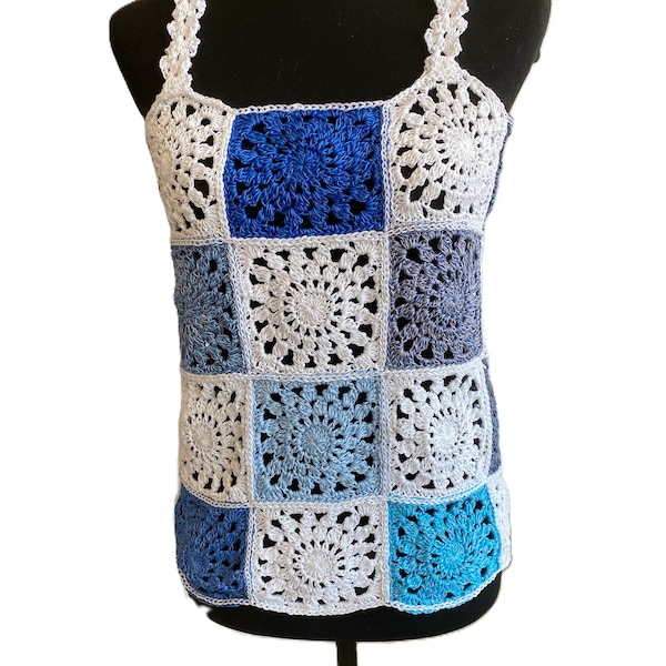 LORELEILOOPS Women's Fancy Granny Square Tank Top Handmade Crochet Knit - One of a Kind. Size S/M.