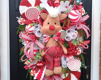 Candy Cane Reindeer Christmas Door Wreath