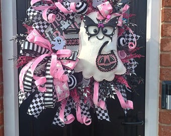 Handmade Halloween Ghost Wreath: Pink, Black, White – Whimsical Door Decor