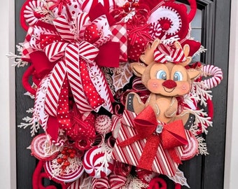 Christmas candy cane Reindeer door wreath