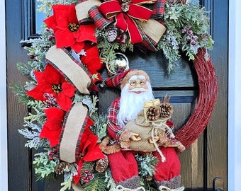 Red Poinsettia Santa Christmas Door Wreath