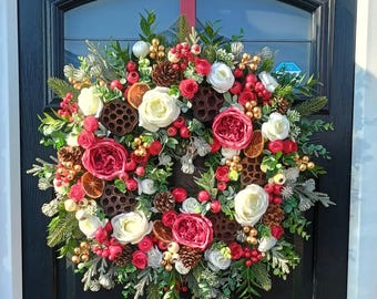 Handmade Luxury Winter Rose Artificial Door Wreath