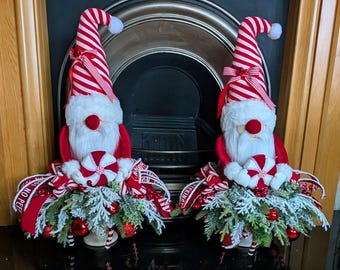 Set of two Christmas Candy Cane Gonk table arrangement centrepiece.