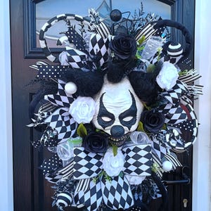 Halloween Scary Clown Black and White Artificial Door Wreath