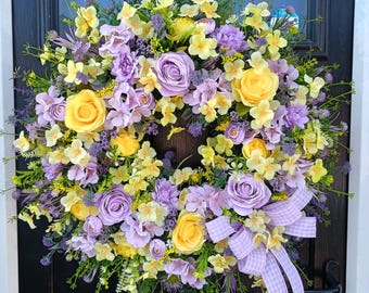 Handmade Yellow and Lilac Artificial Door Wreath