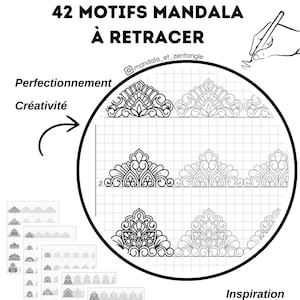 Puede incluir: Patrones de diseño de mandala imprimibles en blanco y negro. 42 motivos para trazar para la práctica creativa. La imagen muestra un círculo con tres filas de patrones de mandala, cada fila con un patrón completamente dibujado, un patrón parcialmente dibujado y un patrón en blanco. La imagen también muestra un conjunto de 6 páginas de patrones de mandala.