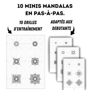 Praktiska ritövningsblad: 10 minimandalas i steg-för-steg-instruktioner för att enkelt rita om.